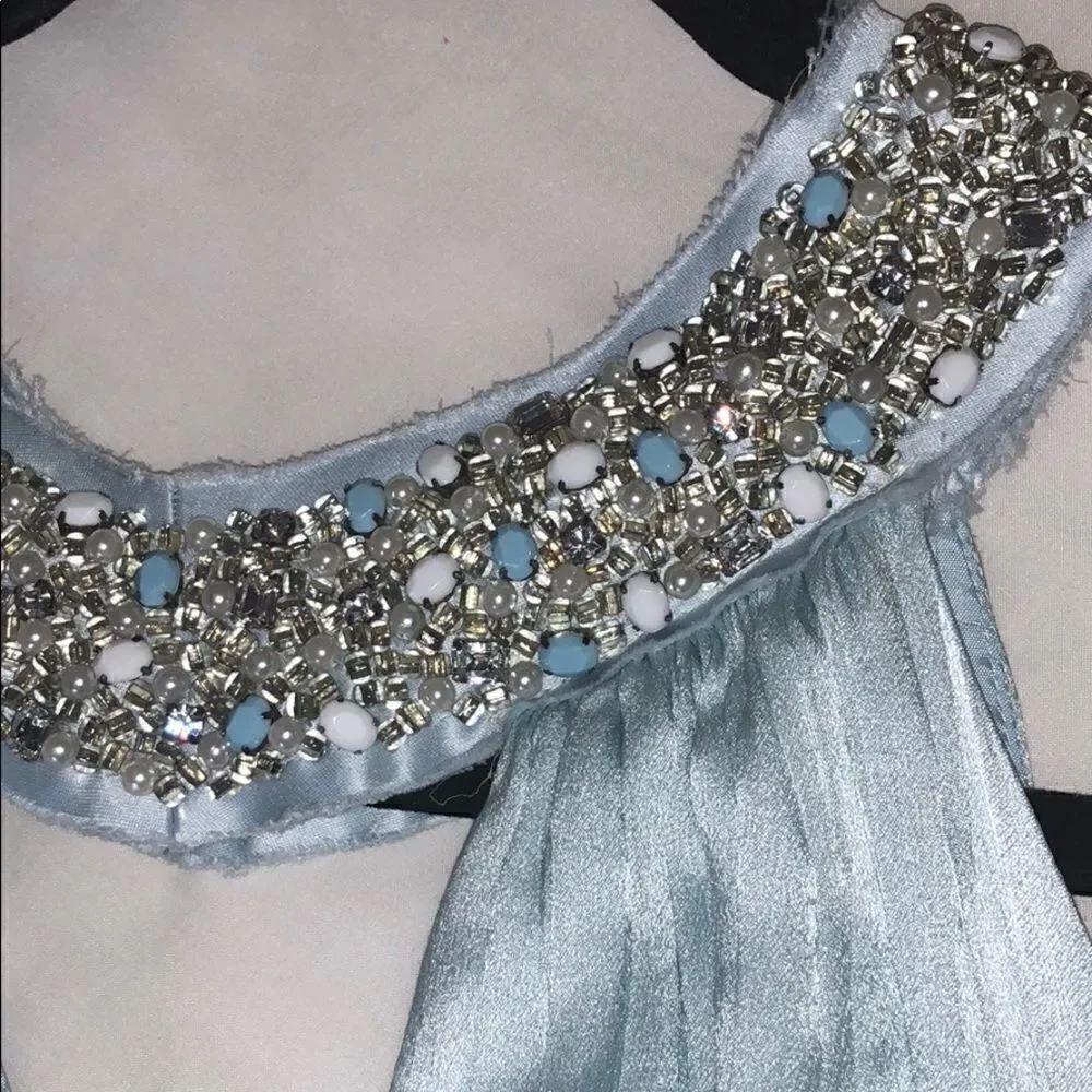 Silk & Beaded Halter Dress - Light Blue